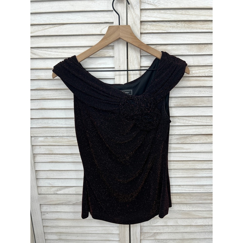 Vintage Dressbarn Top Medium Black Red Women Whimsygoth Metallic Rosette EUC